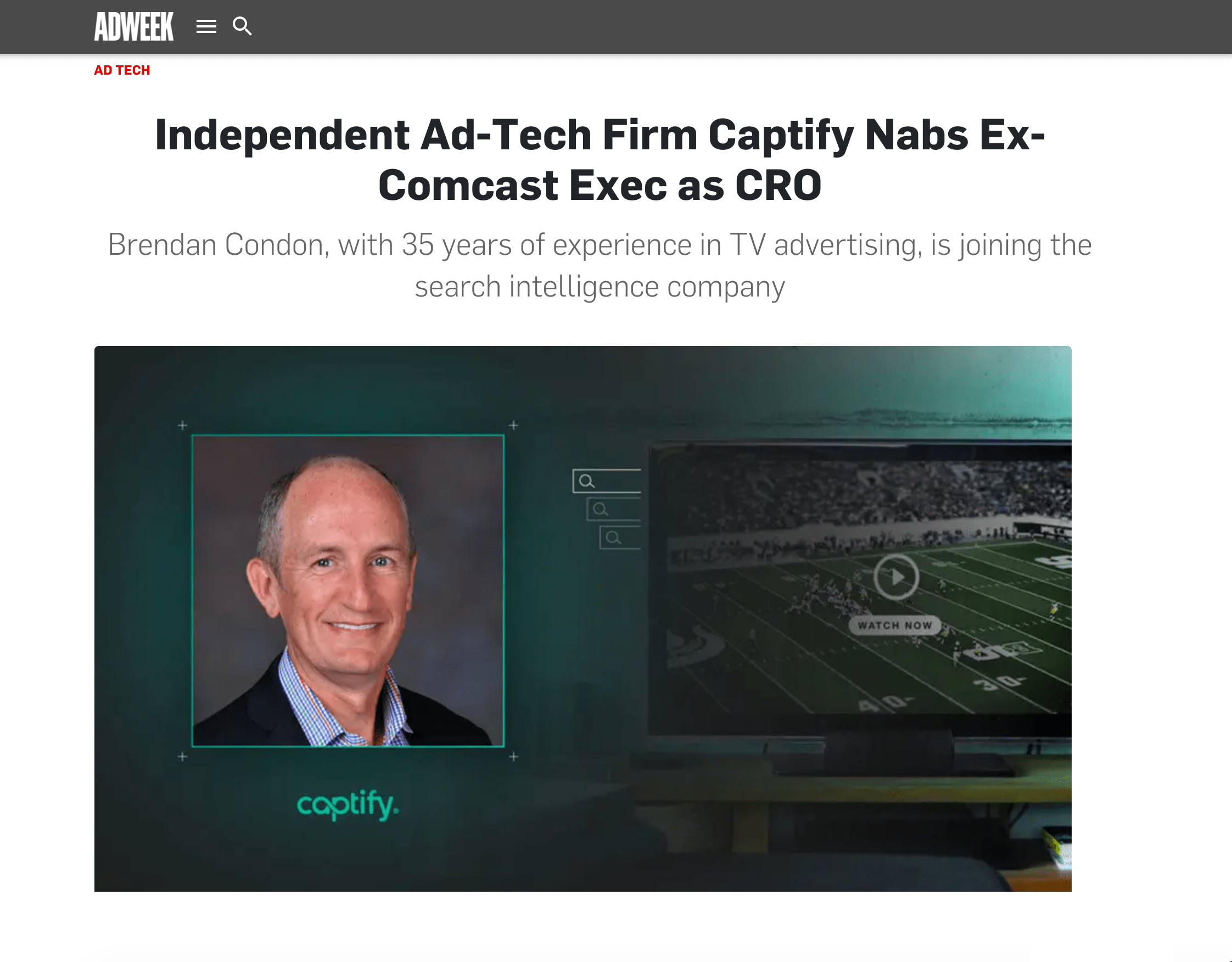 Adweek: Independent Ad-Tech Firm Captify Nabs Ex-Comcast Exec, Brendan Condon as CRO