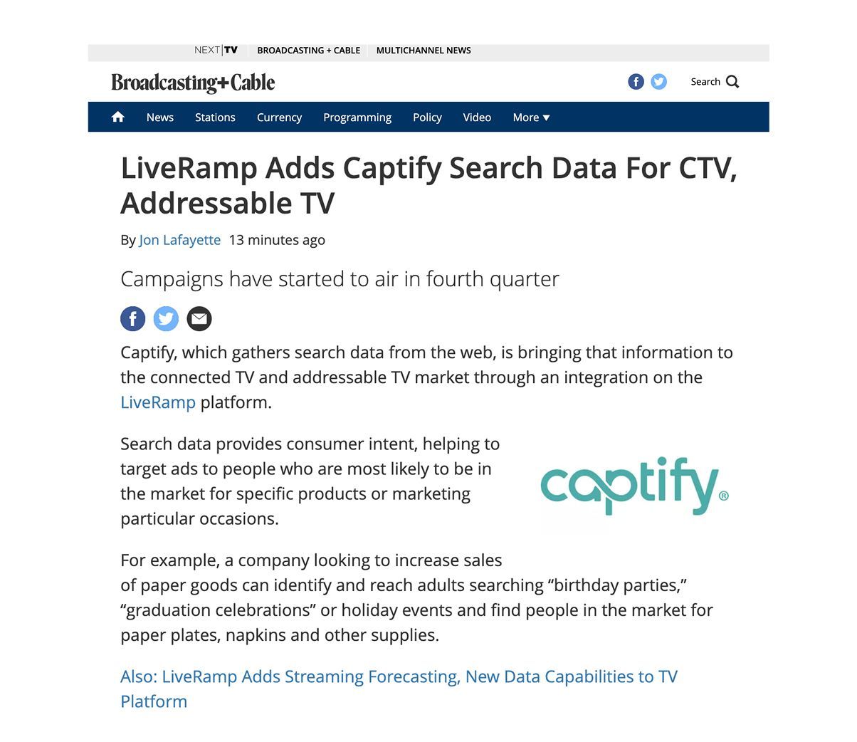 Broadcasting & Cable: LiveRamp Adds Captify Search Data For CTV, Addressable TV