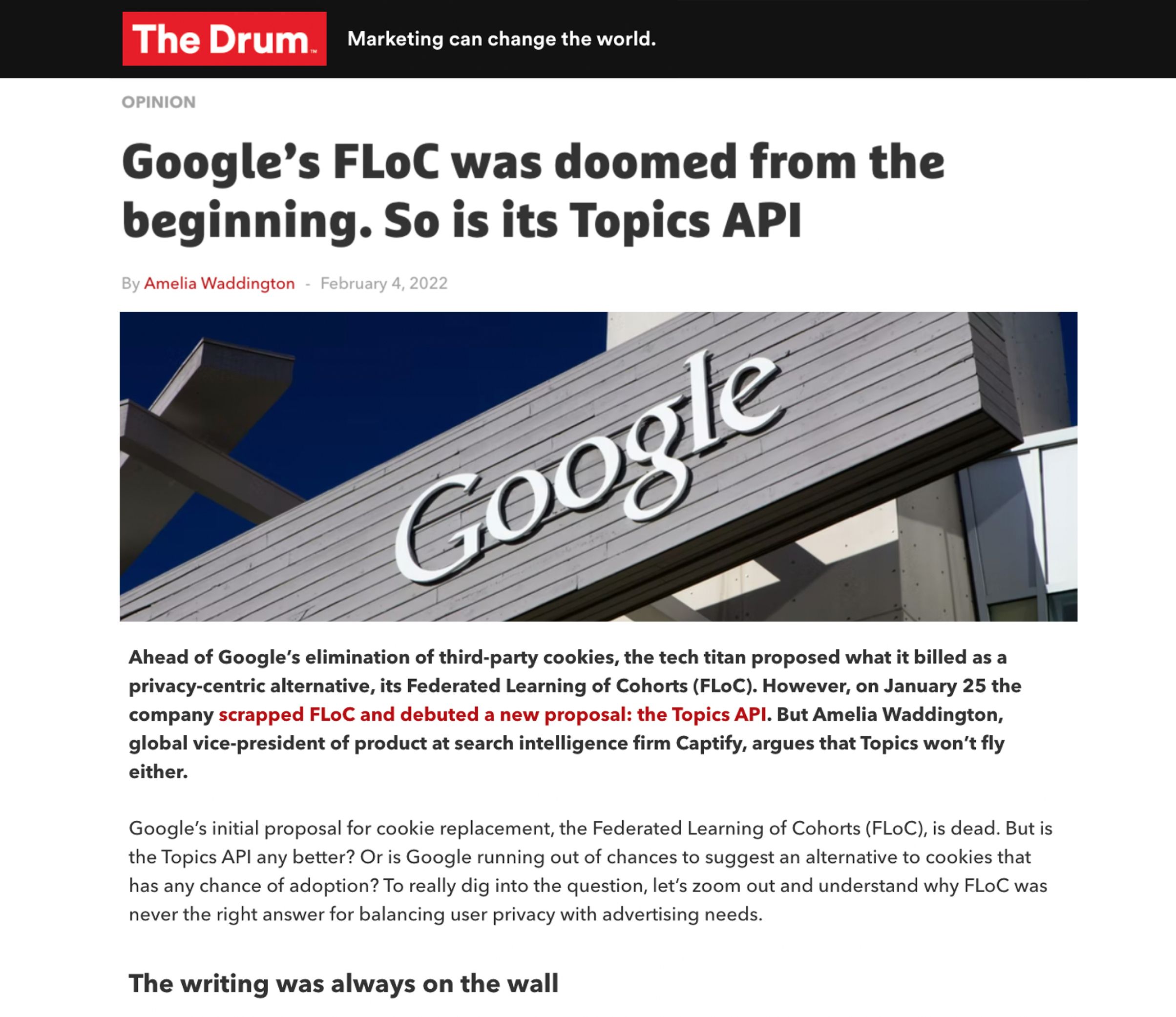 The Drum: Captify’s Global VP of Product, Amelia Waddington—Google’s FLoC Was Doomed From The Beginning. So Is Its Topics API