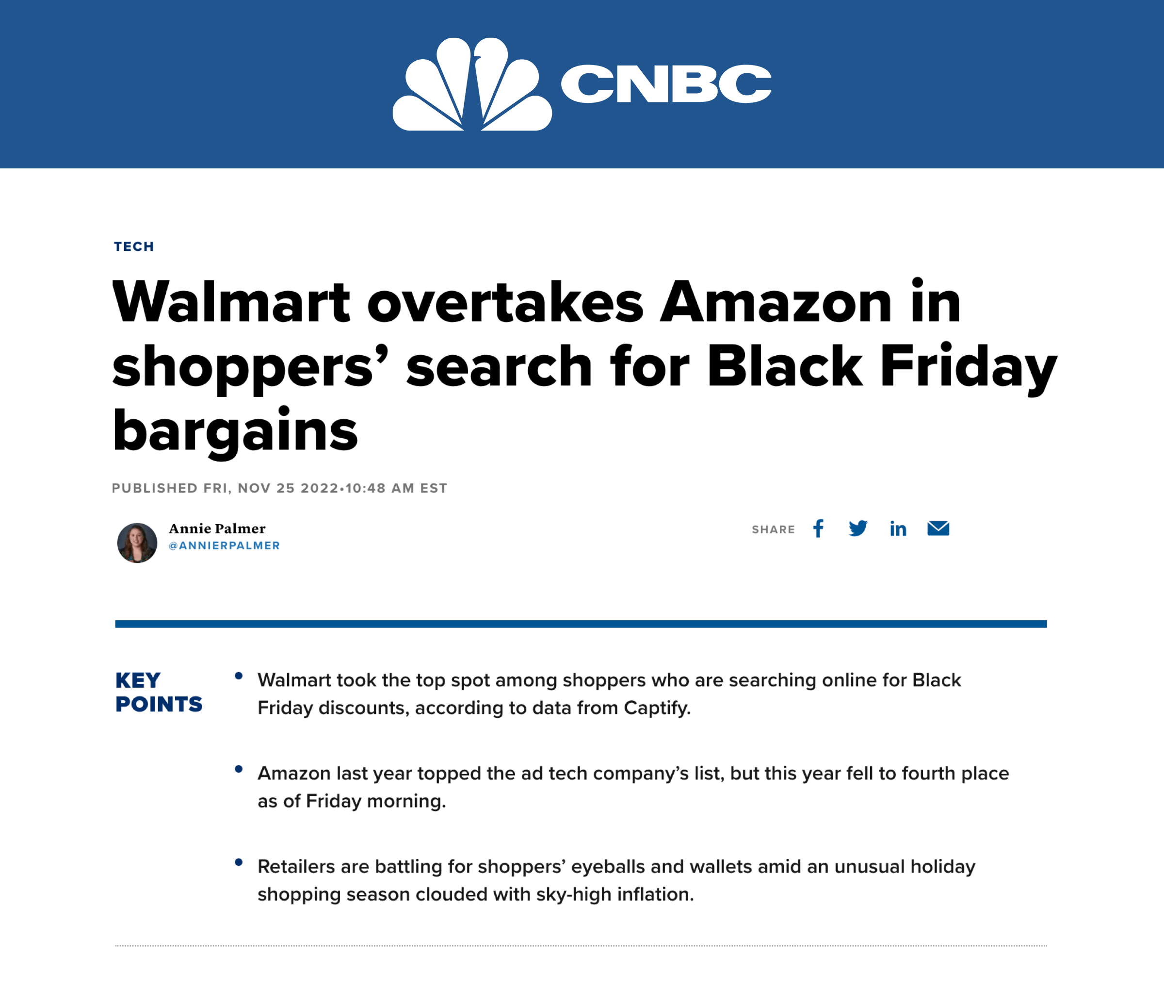 CNBC: Walmart overtakes Amazon in shoppers’ search for Black Friday bargains Captify reveals